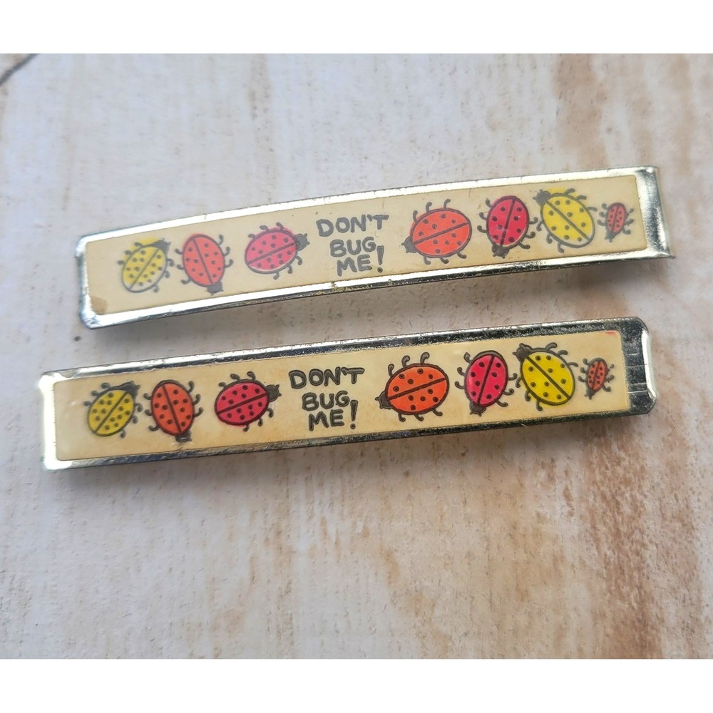 Vintage 70s Set Metal Barrette Hair Clips Ladybug Graphic "Don't Bug Me!"